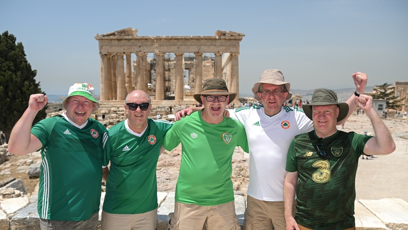Ireland fans take in the sights of the historic Acropolis ahead of the game in Athens