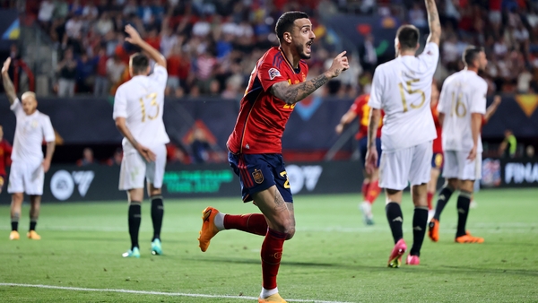 Joselu celebrates his late winner against Italy in the Dutch city of Enschede