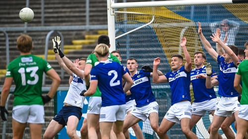 Laois defend the line late on against Fermanagh