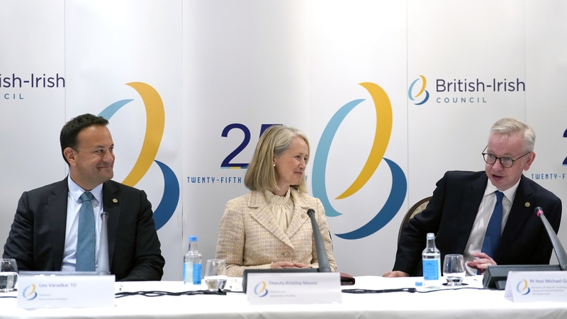 Taoiseach Leo Varadkar, Chief Minister of Jersey Kristina Moore and Michael Gove during a press conference following a British-Irish Council summit meeting in Jeresy