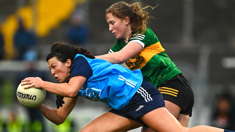 Leah Caffrey is tackled by Síofra O'Shea during Kerry's league win over Dublin in February