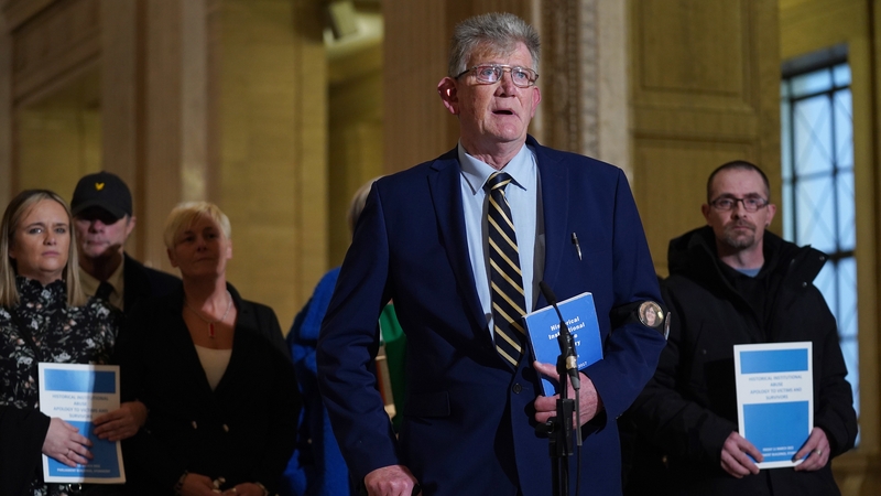 Jon McCourt speaks to the media at Stormont in 2022 following the delivery of the long-awaited public apology to the victims of historical institutional abuse
