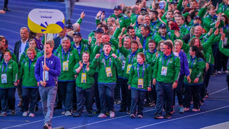 Team Ireland athletes wave to the supporters as they arrive into the Olympiastadion Berlin for the opening ceremony of World Special Olympic Games 2023
