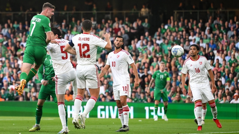 Evan Ferguson heads home Ireland's second goal of the game