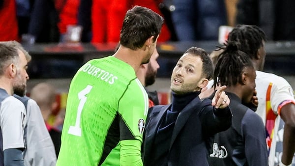 Thibaut Courtois and Domenico Tedesco pictured in conversation in March