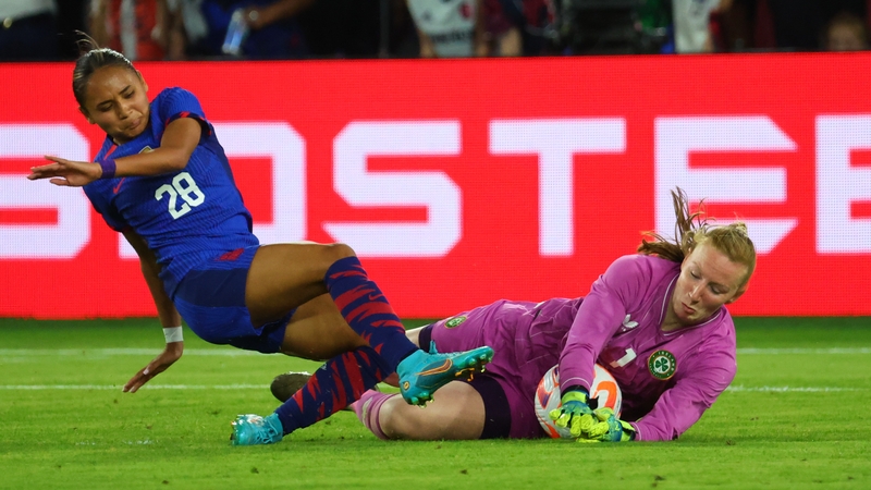 Courtney Brosnan (R) denies Alyssa Thompson of the USA during April's friendly
