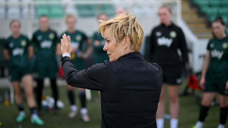 Vera Pauw addresses her players during training at Tallaght Stadium