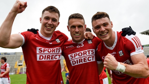 Luke Fahy, John O'Rourke and Daniel O'Mahony celebrate after Cork's win over Roscommon