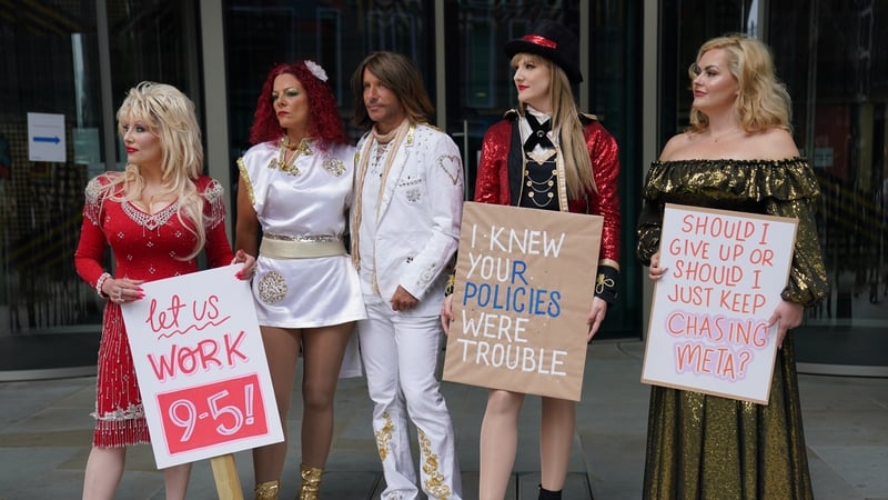 Celebrity impersonators banned from Facebook protest outside the offices of parent company Meta in King's Cross, London, as part of their "Stop Banning Us" appeal. Picture: PA