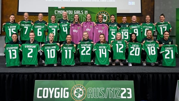 Republic of Ireland players with their jerseys at a squad announcement event. Photo: Stephen McCarthy/Sportsfile via Getty Images
