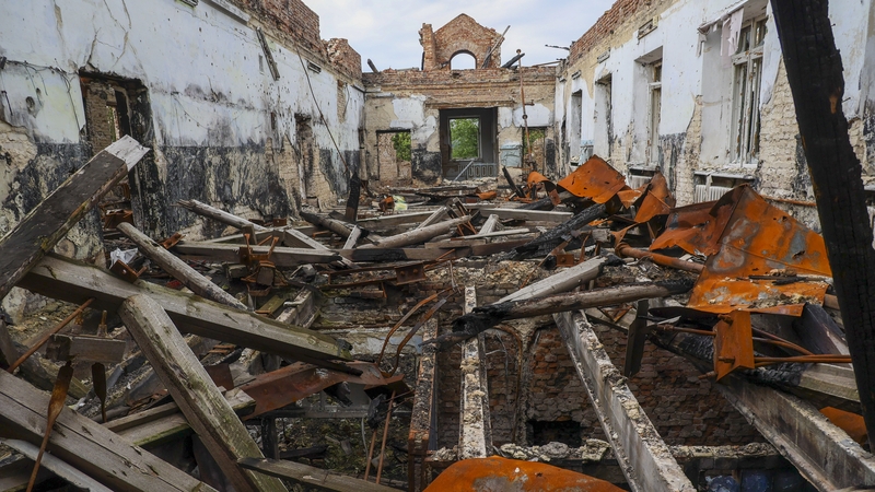 An inside view of the school destroyed by the shelling of Russian troops in the village of Kupyansk-Vuzlovyi