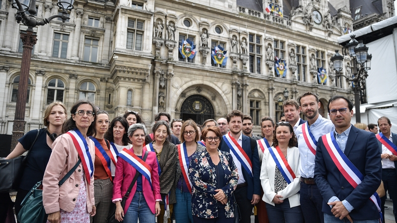 Mayors and deputies gather in solidarity with the Mayor of Lâ Hay-les-Roses as protest against riots in front of Paris City Hall
