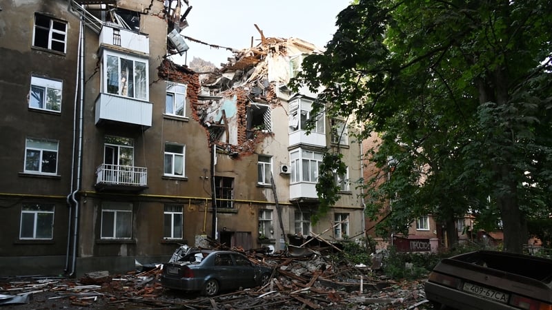 The residential building partially destroyed after drones attacks in Sumy, in which two were killed and 19 injured