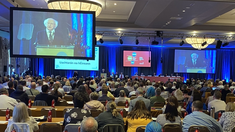 President Michael D Higgins addressing the Irish Congress of Trade Unions conference in Kilkenny