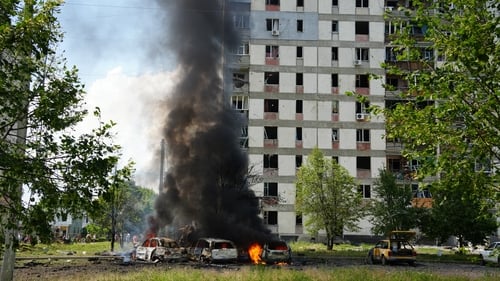 The strike hit a parking lot outside a residential building in the Kharkiv town of Pervomaiskyi