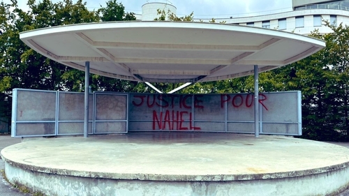 Graffiti in the Parisian suburb of Nanterre in support of Nahel M, the teenager shot dead by French police. Photo: Dónal Hassett