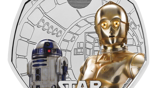 Royal Mint of the reverse of a Star Wars 50p coin which features robots C-3PO and R2-D2, as part of the four-coin collection, to mark the 40th anniversary of Star Wars: Return Of The Jedi