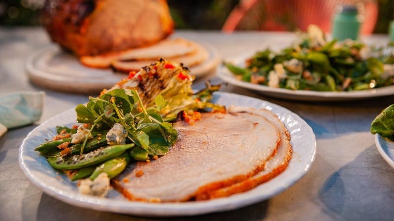 Served with grilled cabbage and a grilled pea, mint and watercress salad, this rich and sweet ham is irresistible.
