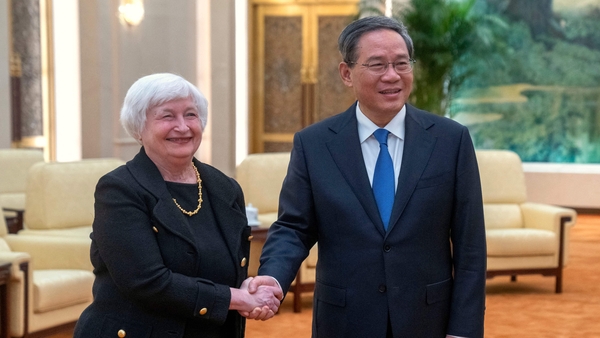 Chinese Premier Li Qiang shakes hands with US Treasury Secretary Janet Yellen during her visit to China