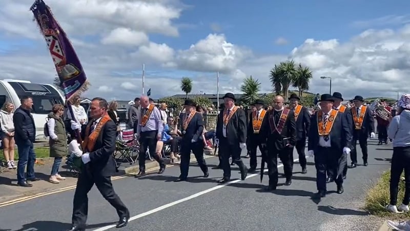 Members of the Orange Order marching in Rossnowlagh, Co Donegal today