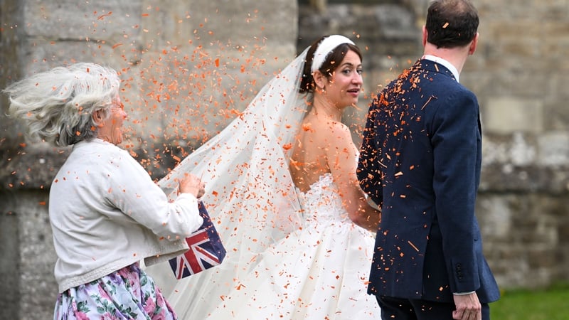 Orange confetti was thrown over Conservative former chancellor George Osborne at his wedding yesterday