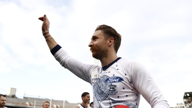 Zach Tuohy acknowledges the fans after the round 17 AFL match between Geelong Cats and North Melbourne Kangaroos