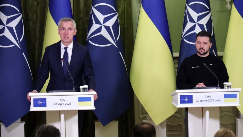 Volodymyr Zelensky and NATO Secretary General Jens Stoltenberg speaking together in Kyiv in April of this year