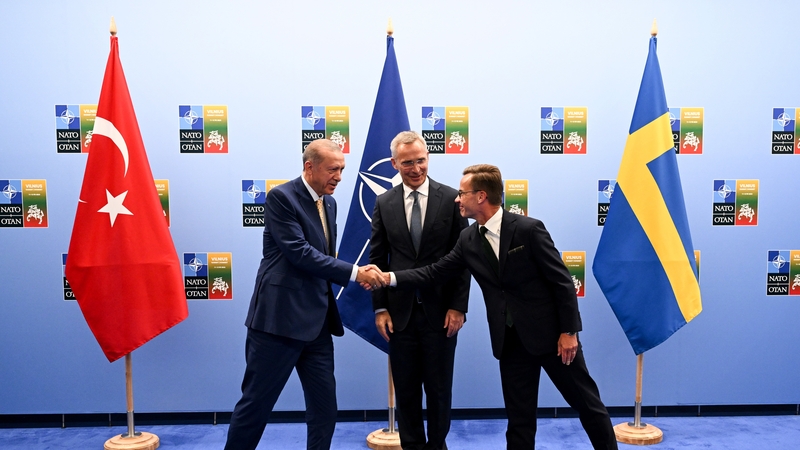 Turkish President Erdogan shakes hands with Swedish Prime Minister Ulf Kristersson during their meeting today