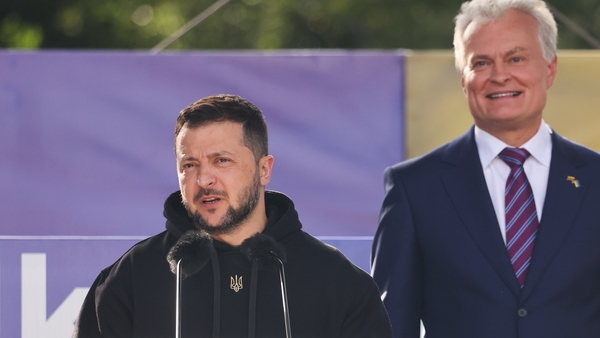 Ukraine's President Volodymyr Zelensky and Lithuania's President Gitanas Nauseda during the "Raising the Flag for Ukraine in NATO" event in Vilnius