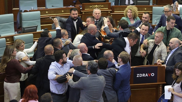 The melee kicked off as Prime Minister Albin Kurti addressed the house and was doused with water by a rival politician