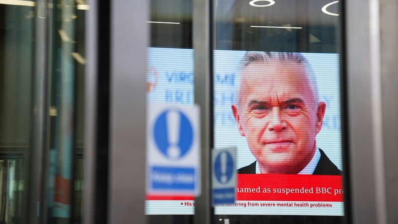 A screen in BBC Broadcasting house showing presenter Huw Edwards last week