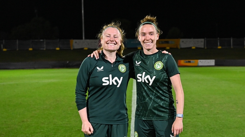 Amber Barrett (L) with Claire O'Riordan during Ireland training in Brisbane