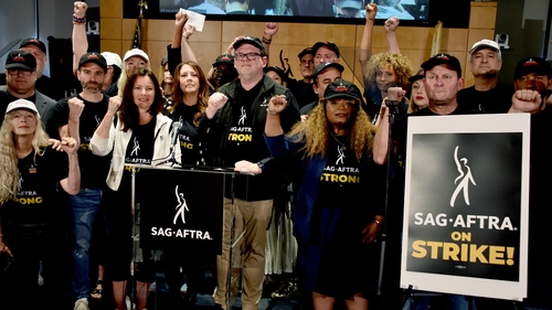 Frances Fisher, Joely Fisher, Fran Drescher, and Duncan Crabtree-Ireland, joined by SAG-AFTRA members at a press conference to announce that actors are going on strike after negotiations with studios failed