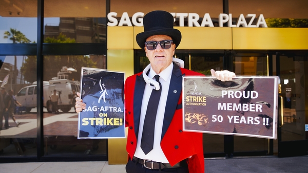 Members of the SAG-AFTRA Union hold a press conference to announce that actors are going on strike after negotiations with studios failed