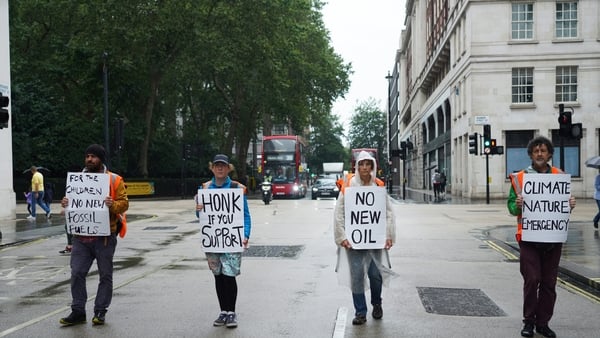 Just Stop Oil climate activists slow walk in the streets of London on the 14th of July 2023, Central London, United Kingdom. Photo by Kristian Buus/In Pictures via Getty Images