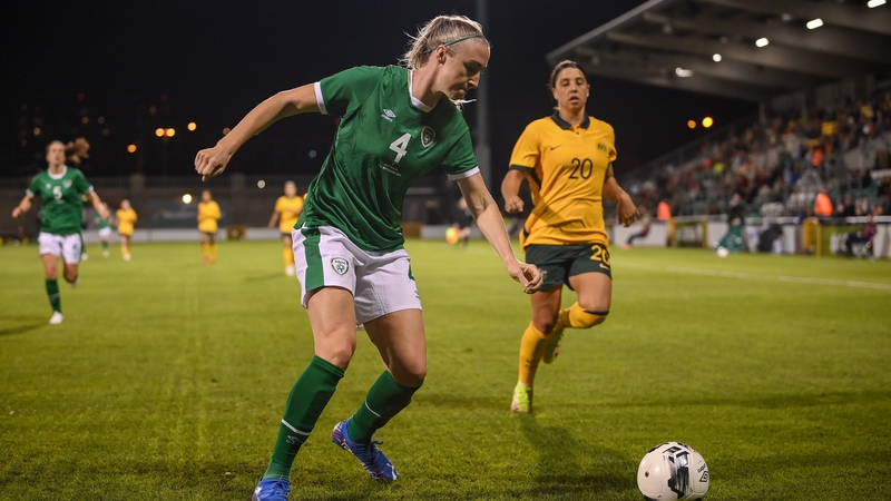 Louise Quinn clears the ball with Australia's Sam Kerr is close proximity during the 2021 international friendly in Dublin