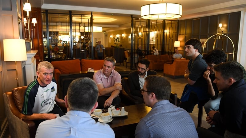 John Kiely addressing the media in the CityWest Hotel after Limerick's 2018 All-Ireland triumph