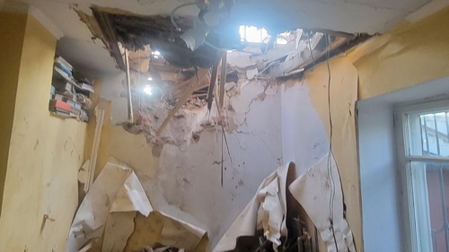 A building damaged during a Russian strike in Odesa, Ukraine, today