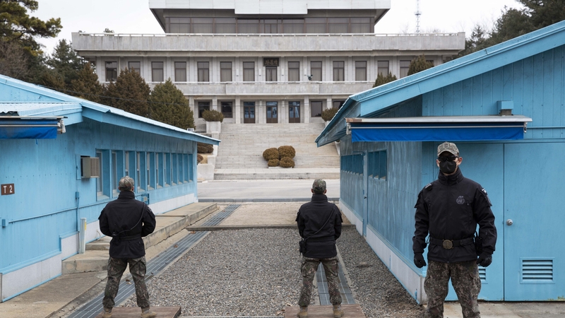 South Korean soldiers stand guard in the Joint Security Area of the Demilitarised Zone