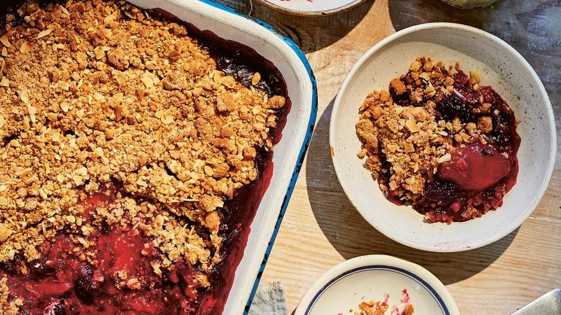 The chef's take on a classic crumble adds sweet and succulent peach into the mix.
