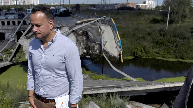 Leo Varadkar at the bridge in Irpin, outside Kyiv, which was destroyed by the Ukrainian army to protect the capital from the lengthy Russian convoy