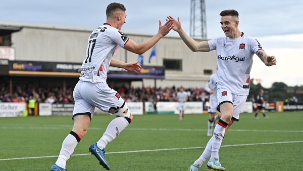 John Martin celebrates with team-mate Darragh Leahy after scoring Dundalk's second goal