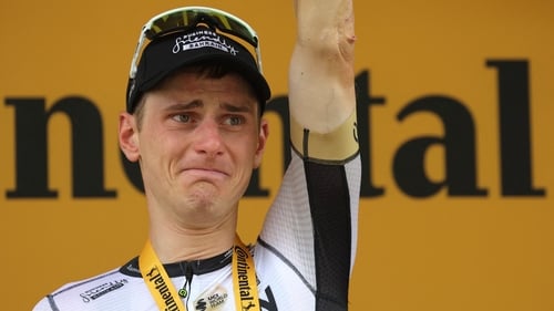An emotional Matej Mohoric celebrated his victory on the podium