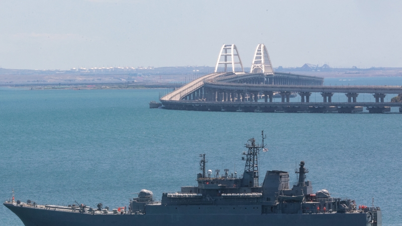 A Russian warship seen patrolling near the bridge earlier this week