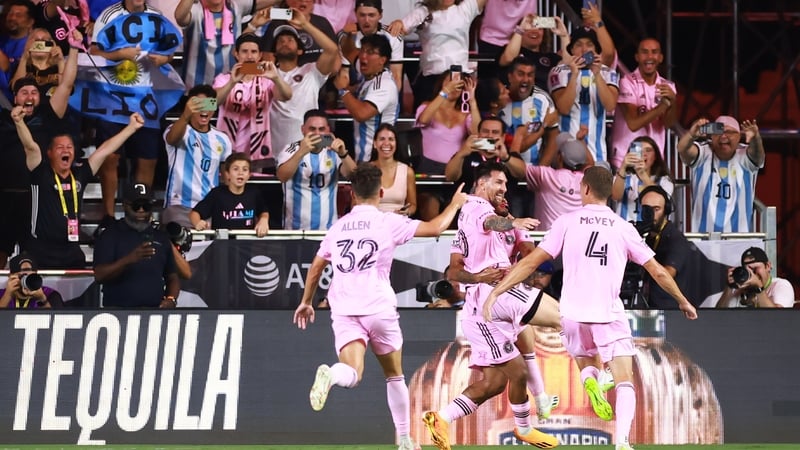 Lionel Messi celebrates his winning goal on his Inter Miami debut
