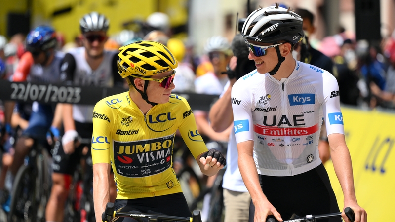 L-R) Jonas Vingegaard and Tadej Pogacar vied for supremacy on stage 20