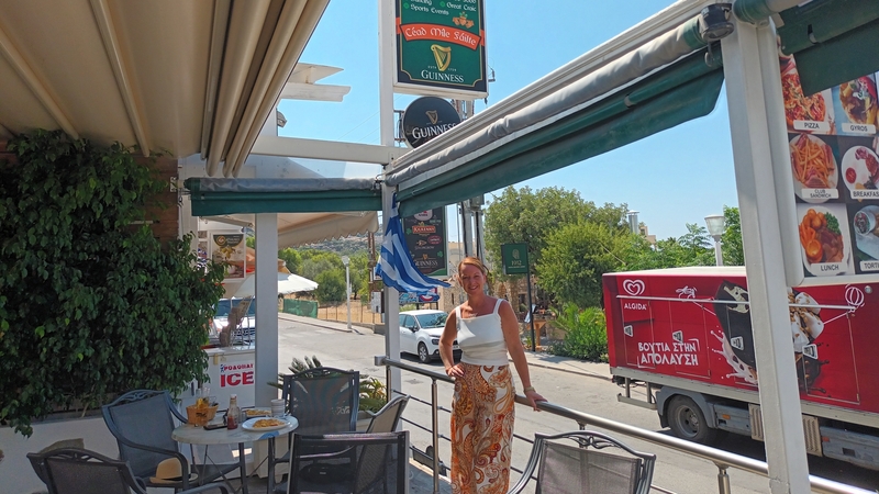 Janet Karamanos pictured at the bar she owns in Pefkos