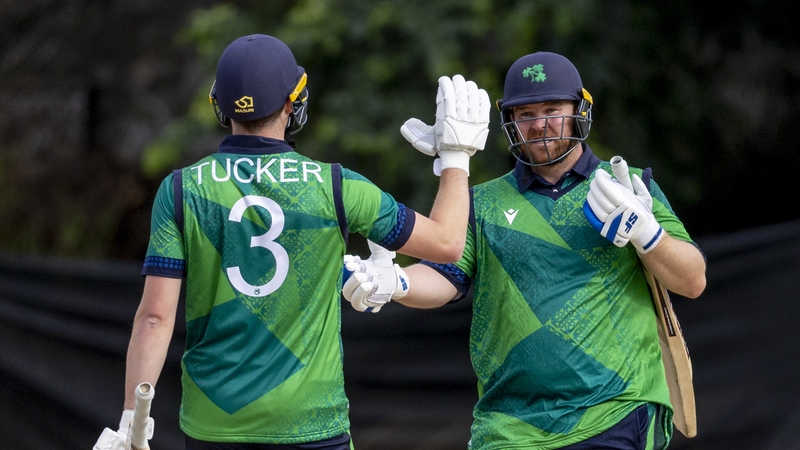 Paul Stirling (R) is congratulated by Lorcan Tucker after the in. Photo: ICC
