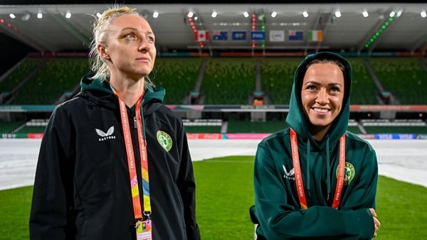 Louise Quinn (L) and Katie McCabe in Perth on Tuesday