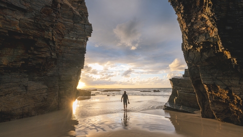 Sunset on Playa das Catedrais, in Galicia, Spain